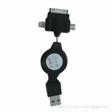 3-in-1 USB Retractable Charging and Sync Cable for 30pin, 8pin, Micro USB Cable for iPhone 5/4S